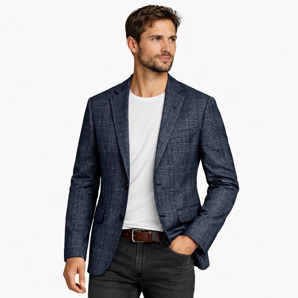 Steel & Jelly Check Blazer Sport Coat Size 42R Navy Tailored